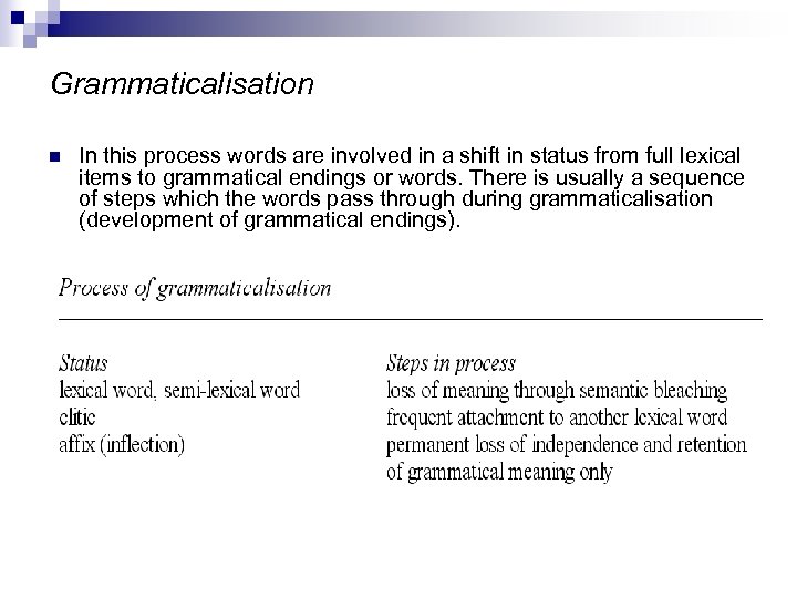 Grammaticalisation n In this process words are involved in a shift in status from