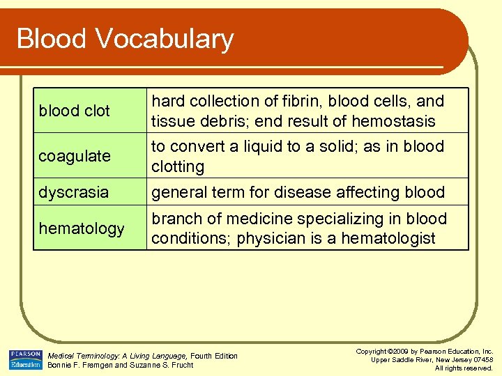 Blood Vocabulary blood clot hard collection of fibrin, blood cells, and tissue debris; end