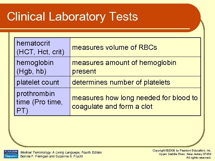 Clinical Laboratory Tests hematocrit (HCT, Hct, crit) measures volume of RBCs hemoglobin (Hgb, hb)