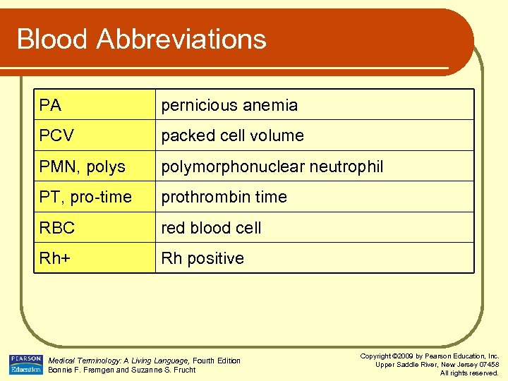 Blood Abbreviations PA pernicious anemia PCV packed cell volume PMN, polys polymorphonuclear neutrophil PT,