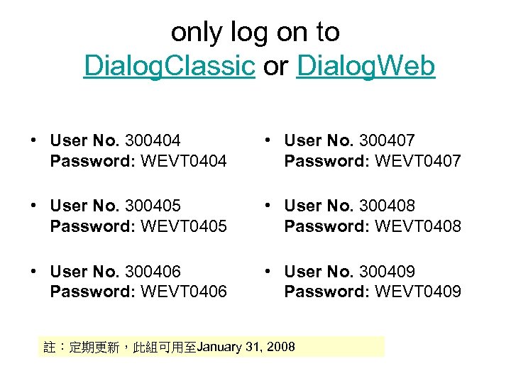 only log on to Dialog. Classic or Dialog. Web • User No. 300404 Password: