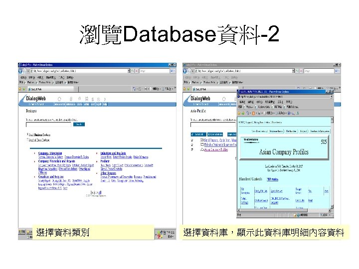 瀏覽Database資料-2 選擇資料類別 選擇資料庫，顯示此資料庫明細內容資料 