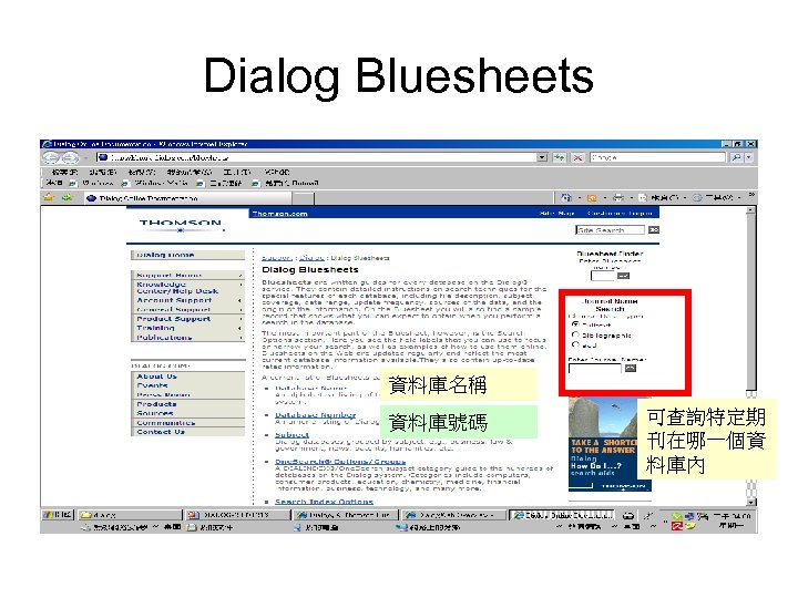 Dialog Bluesheets 資料庫名稱 資料庫號碼 可查詢特定期 刊在哪一個資 料庫內 