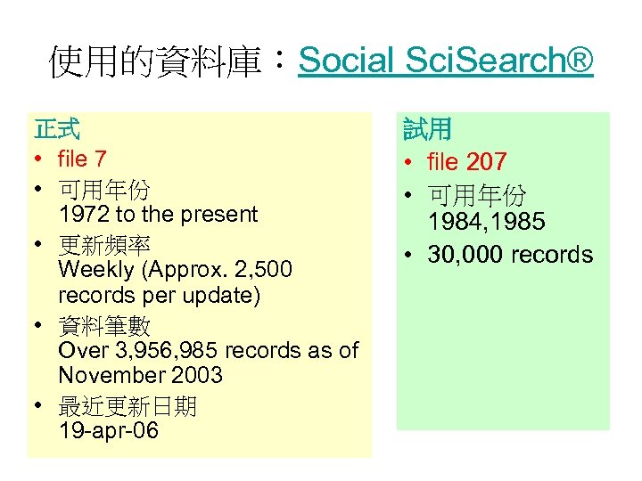 使用的資料庫：Social Sci. Search® 正式 • file 7 • 可用年份 1972 to the present •