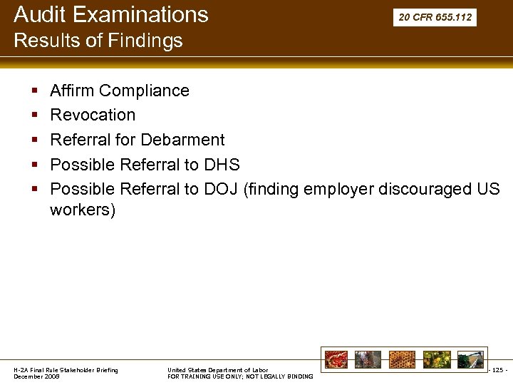 Audit Examinations 20 CFR 655. 112 Results of Findings § § § Affirm Compliance