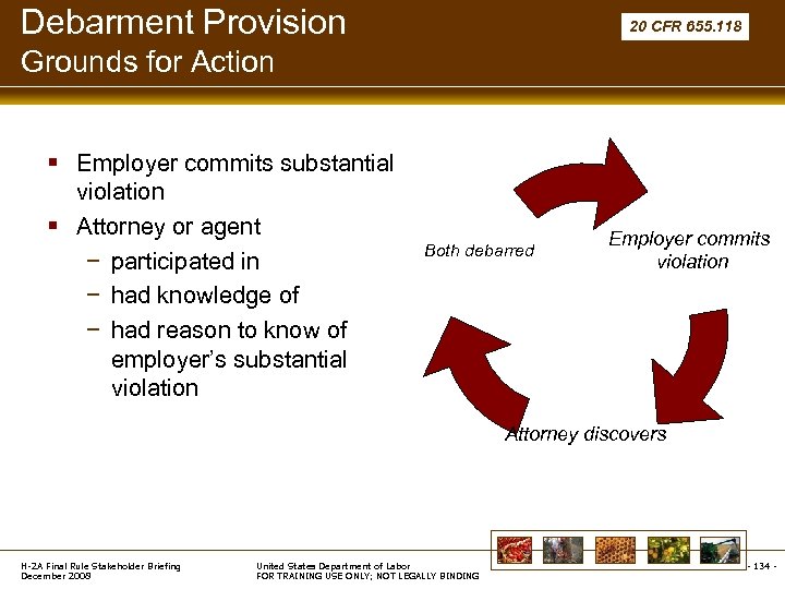 Debarment Provision 20 CFR 655. 118 Grounds for Action § Employer commits substantial violation