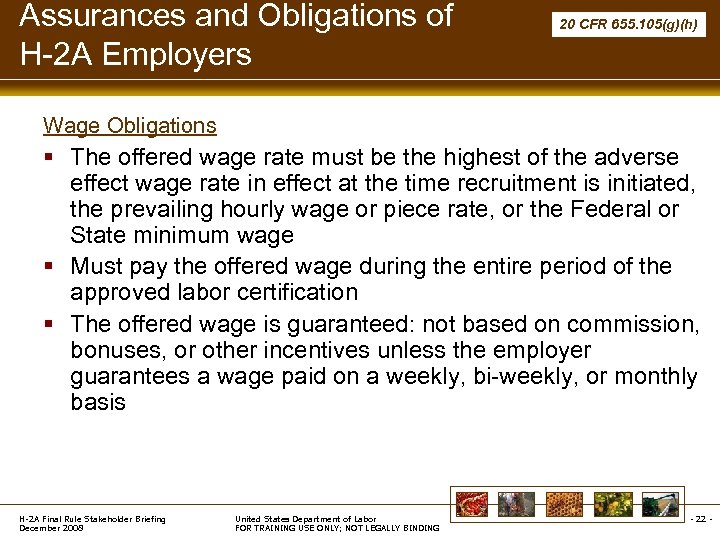 Assurances and Obligations of H-2 A Employers 20 CFR 655. 105(g)(h) Wage Obligations §
