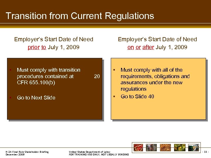 Transition from Current Regulations Employer’s Start Date of Need prior to July 1, 2009