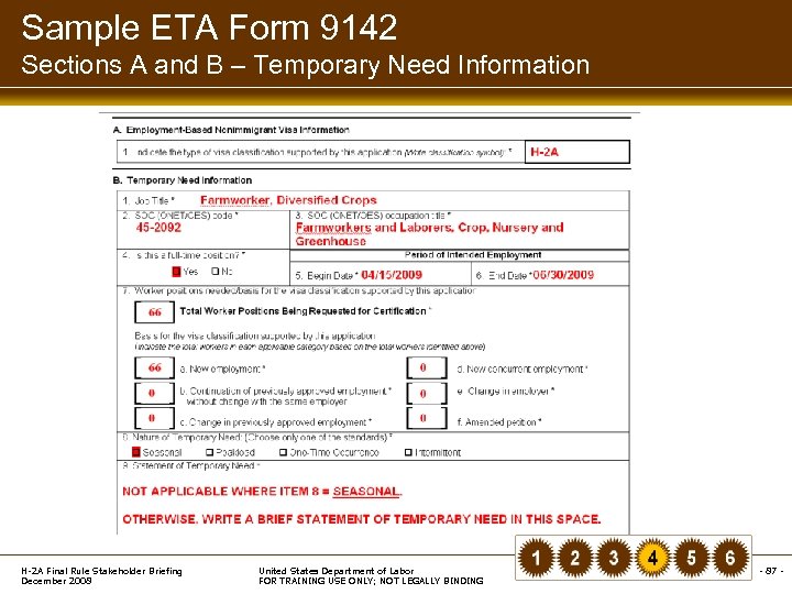 Sample ETA Form 9142 Sections A and B – Temporary Need Information H-2 A