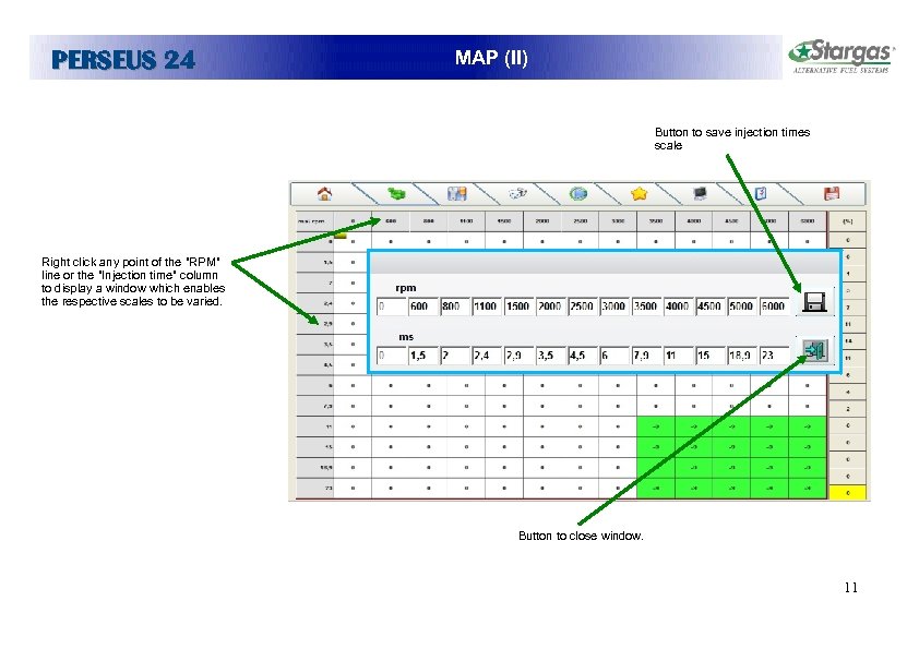 PERSEUS 24 MAP (II) Button to save injection times scale Right click any point