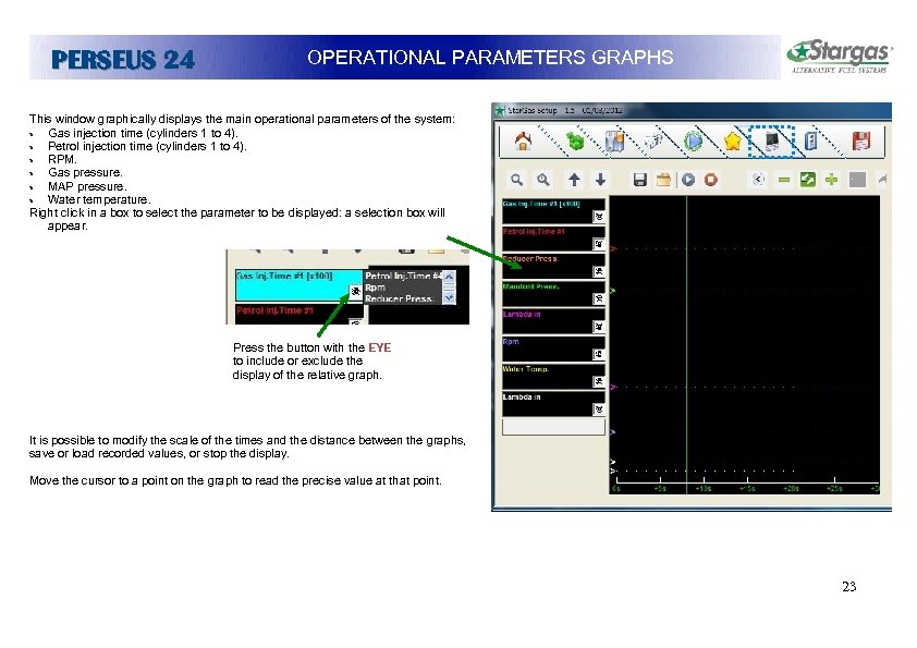 PERSEUS 24 OPERATIONAL PARAMETERS GRAPHS This window graphically displays the main operational parameters of