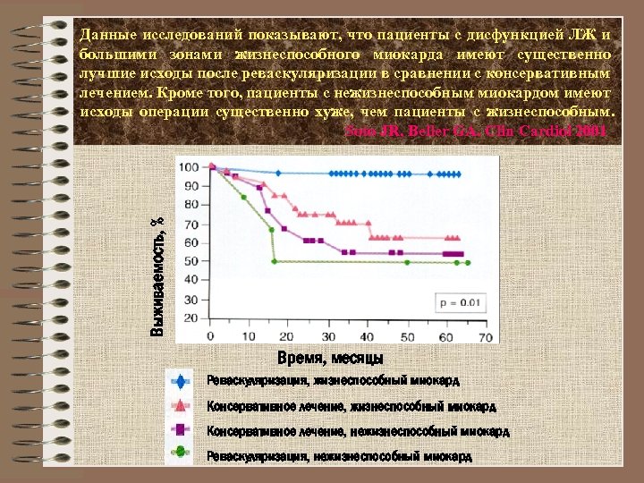 Выживаемость, % Данные исследований показывают, что пациенты с дисфункцией ЛЖ и большими зонами жизнеспособного