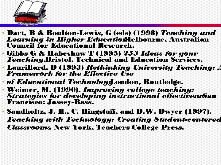  • Dart, B & Boulton-Lewis, G (eds) (1998) Teaching and Learning in Higher