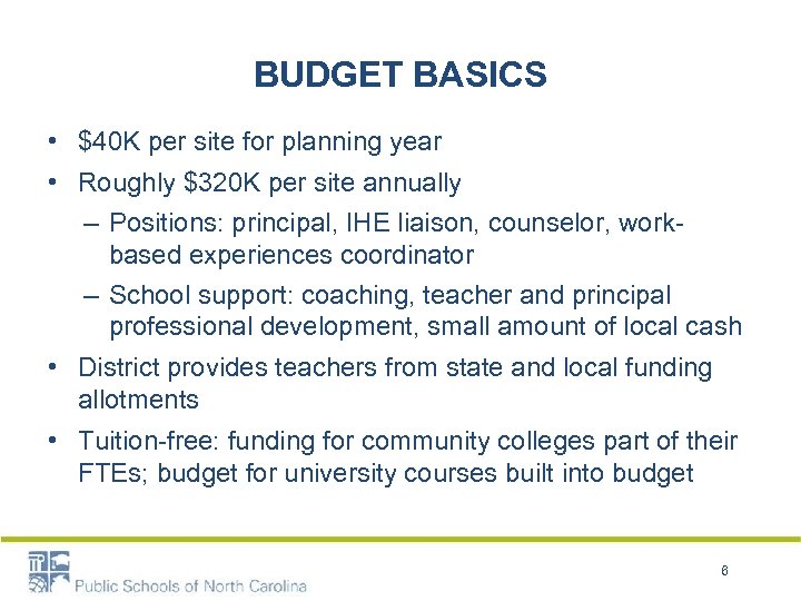 BUDGET BASICS • $40 K per site for planning year • Roughly $320 K