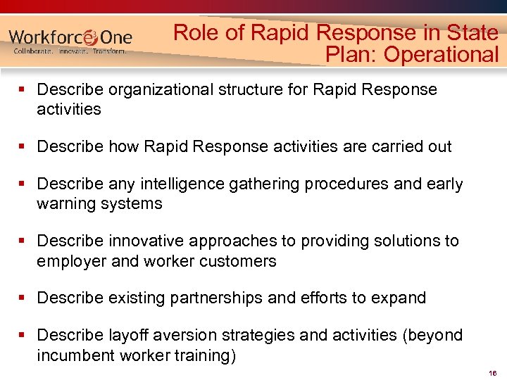 Role of Rapid Response in State Plan: Operational § Describe organizational structure for Rapid