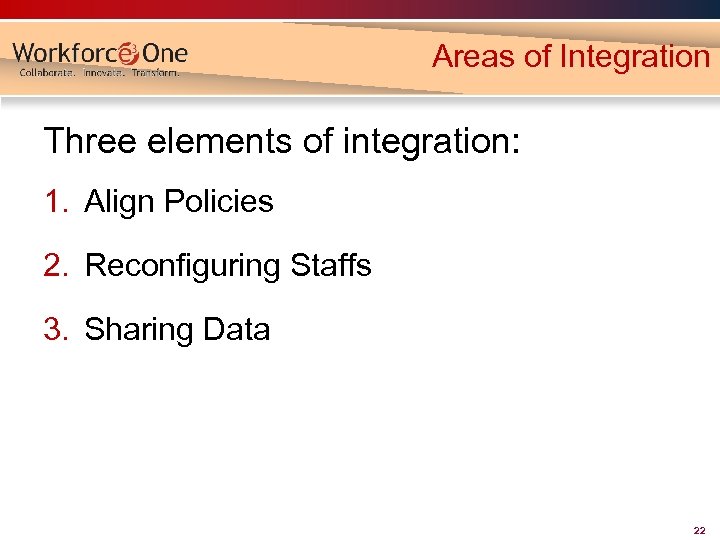 Areas of Integration Three elements of integration: 1. Align Policies 2. Reconfiguring Staffs 3.