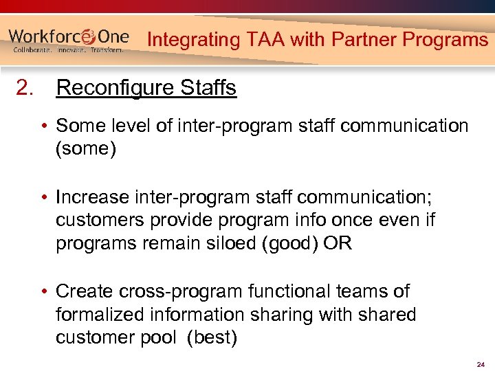 Integrating TAA with Partner Programs 2. Reconfigure Staffs • Some level of inter-program staff
