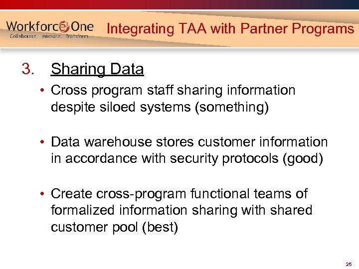 Integrating TAA with Partner Programs 3. Sharing Data • Cross program staff sharing information