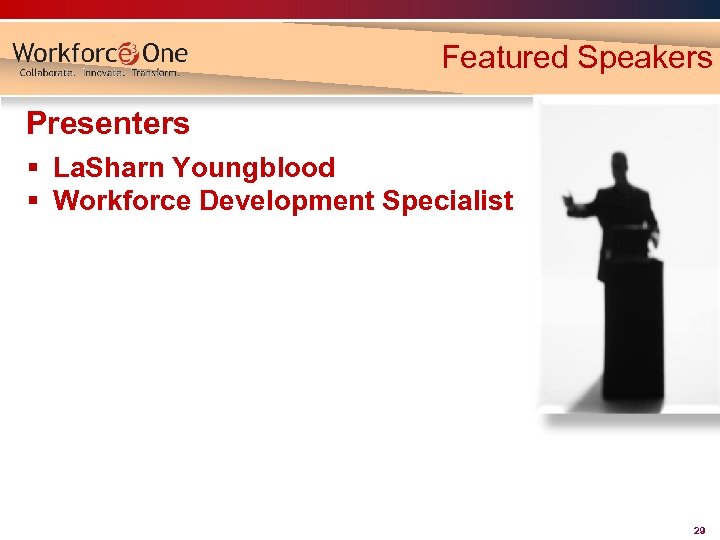 Featured Speakers Presenters § La. Sharn Youngblood § Workforce Development Specialist 29 