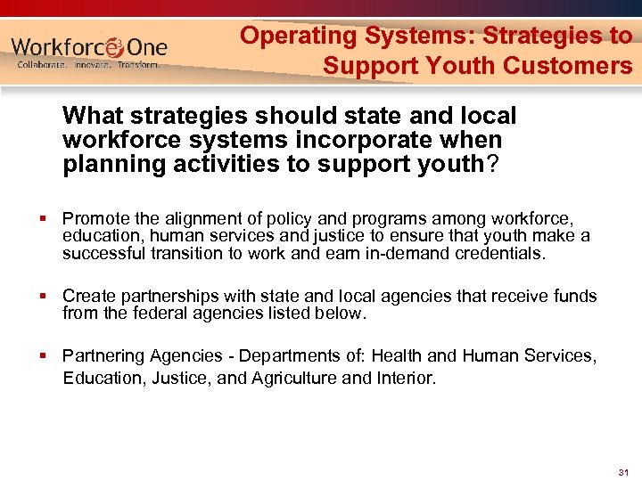 Operating Systems: Strategies to Support Youth Customers What strategies should state and local workforce