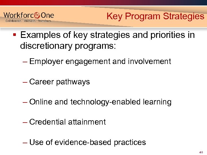 Key Program Strategies § Examples of key strategies and priorities in discretionary programs: –