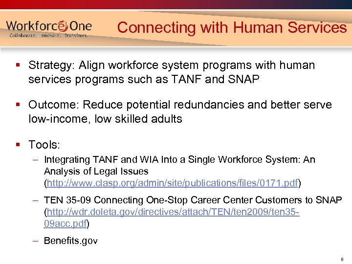 Connecting with Human Services § Strategy: Align workforce system programs with human services programs