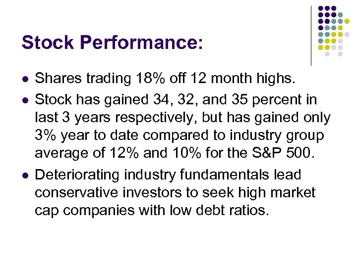 Stock Performance: l l l Shares trading 18% off 12 month highs. Stock has