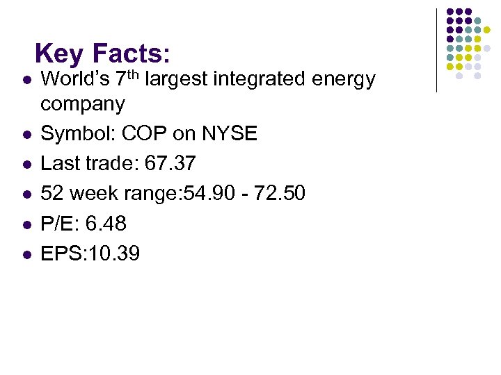 Key Facts: l l l World’s 7 th largest integrated energy company Symbol: COP