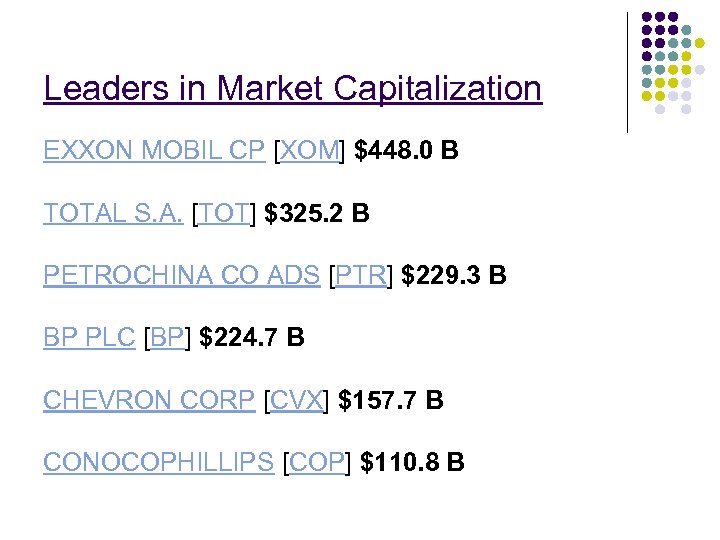 Leaders in Market Capitalization EXXON MOBIL CP [XOM] $448. 0 B TOTAL S. A.
