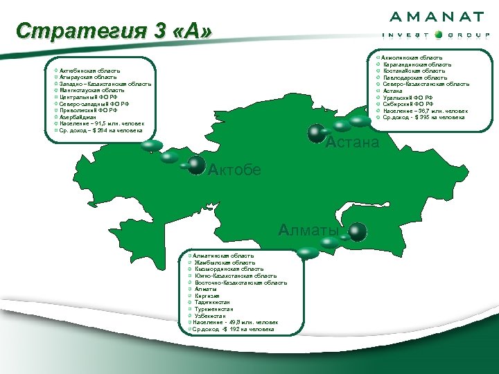 Стратегия 3 «А» Акмолинская область Карагандинская область Костанайская область Павлодарская область Северо-Казахстанская область Астана