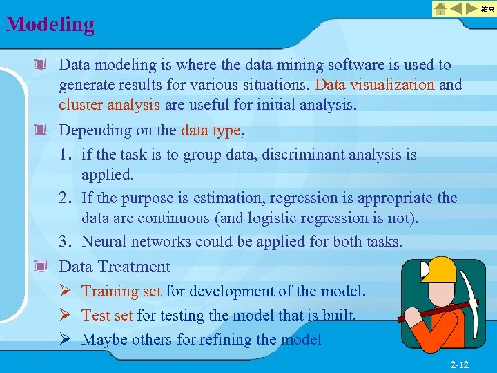 結束 Modeling Data modeling is where the data mining software is used to generate
