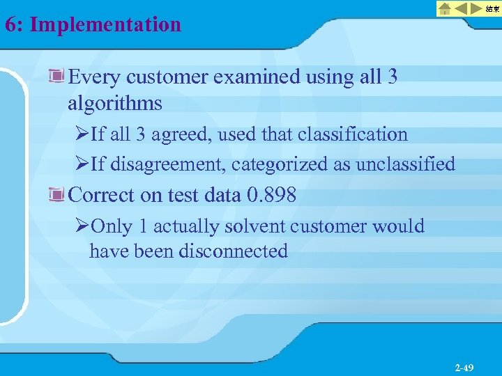結束 6: Implementation Every customer examined using all 3 algorithms ØIf all 3 agreed,