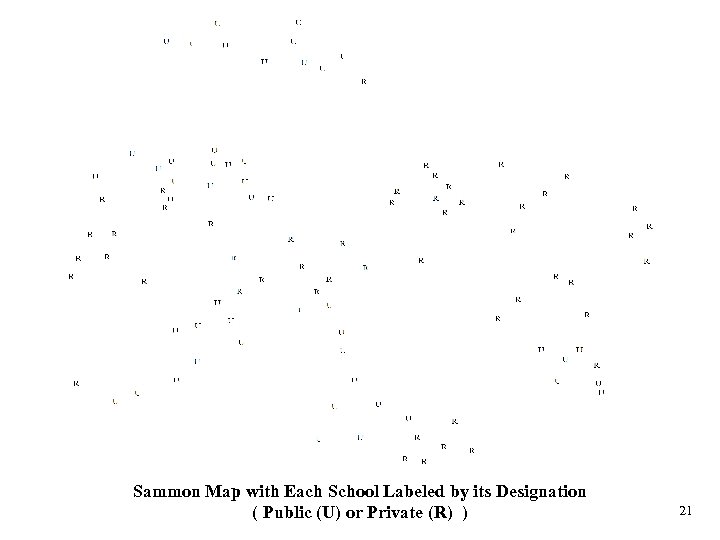 Sammon Map with Each School Labeled by its Designation ( Public (U) or Private
