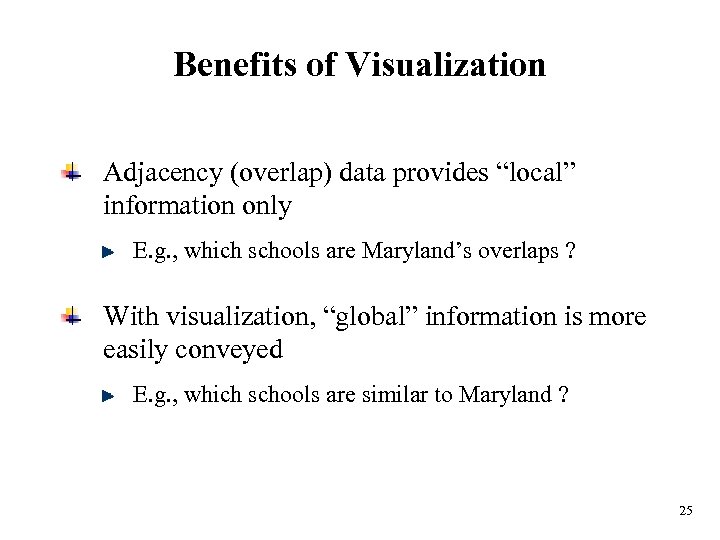 Benefits of Visualization Adjacency (overlap) data provides “local” information only E. g. , which
