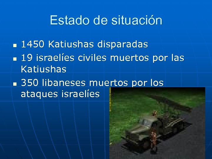 Estado de situación n 1450 Katiushas disparadas 19 israelíes civiles muertos por las Katiushas
