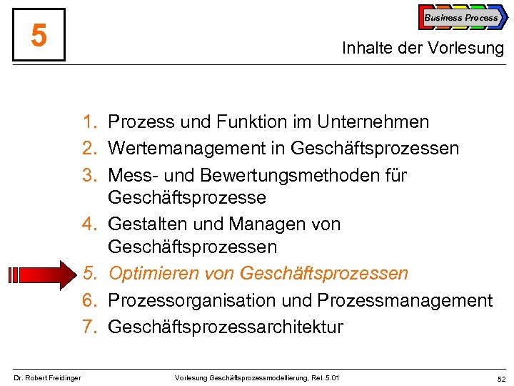 Business Process 5 Inhalte der Vorlesung 1. Prozess und Funktion im Unternehmen 2. Wertemanagement