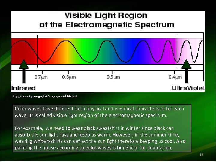 http: //science. hq. nasa. gov/kids/imagers/ems/visible. html Color waves have different both physical and chemical