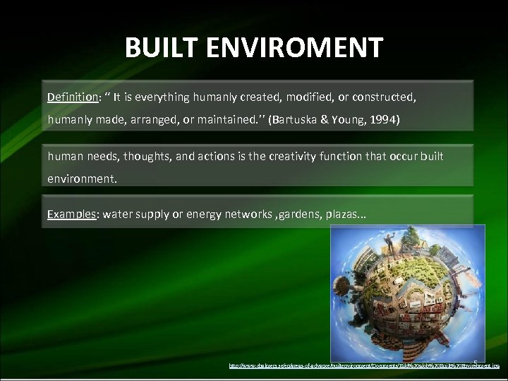 BUILT ENVIROMENT Definition: ‘‘ It is everything humanly created, modified, or constructed, humanly made,