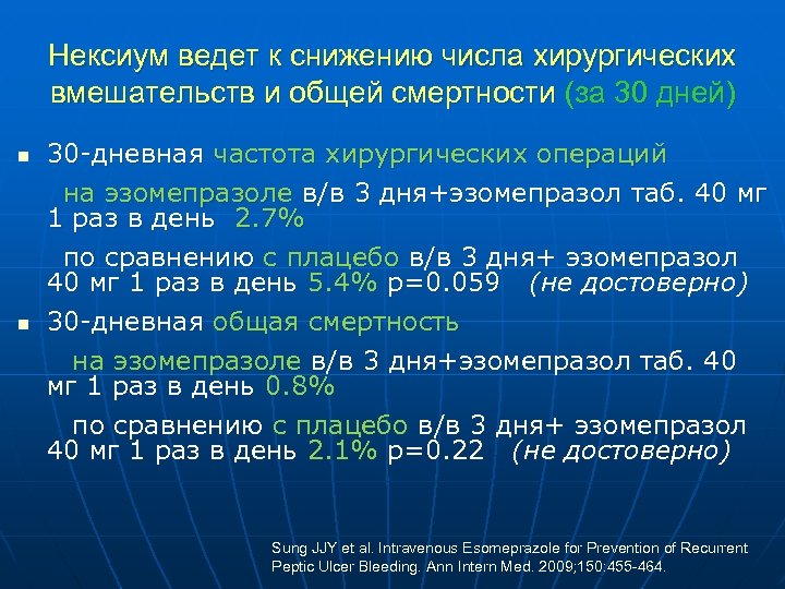 Нексиум ведет к снижению числа хирургических вмешательств и общей смертности (за 30 дней) 30