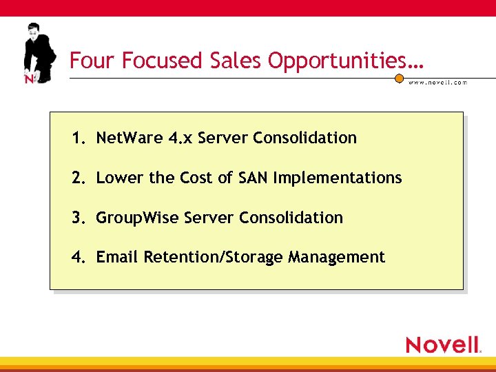 Four Focused Sales Opportunities… 1. Net. Ware 4. x Server Consolidation 2. Lower the