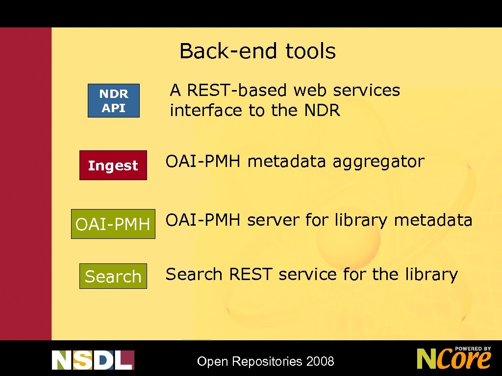 Back-end tools NDR API Ingest A REST-based web services interface to the NDR OAI-PMH