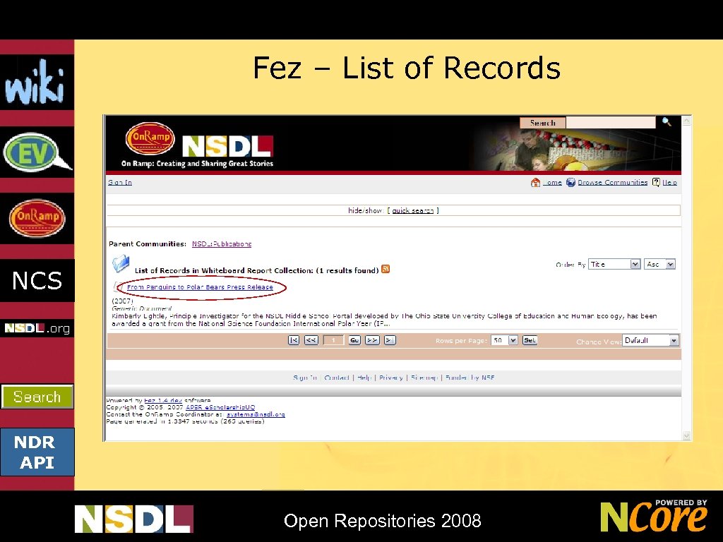 Fez – List of Records NCS NDR API Open Repositories 2008 