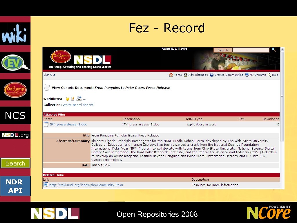 Fez - Record NCS NDR API Open Repositories 2008 