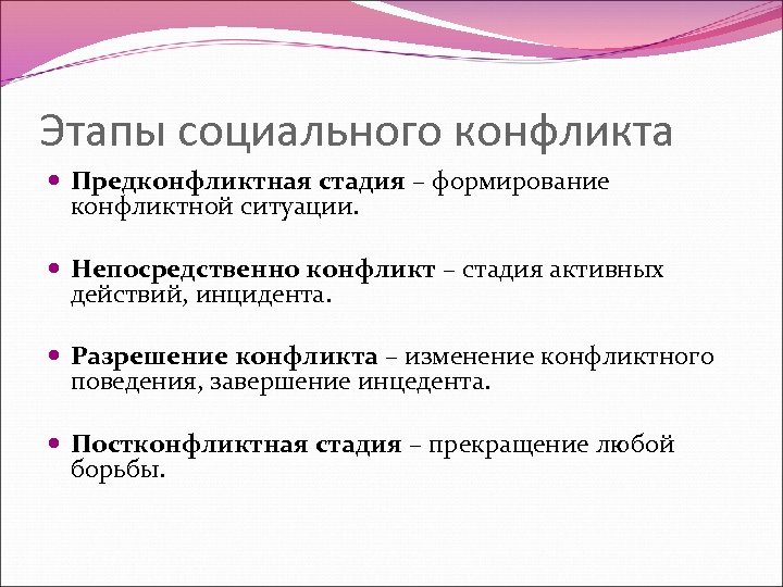Этапы социального конфликта Предконфликтная стадия – формирование конфликтной ситуации. Непосредственно конфликт – стадия активных