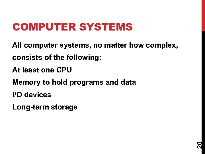 COMPUTER SYSTEMS All computer systems, no matter how complex, consists of the following: At