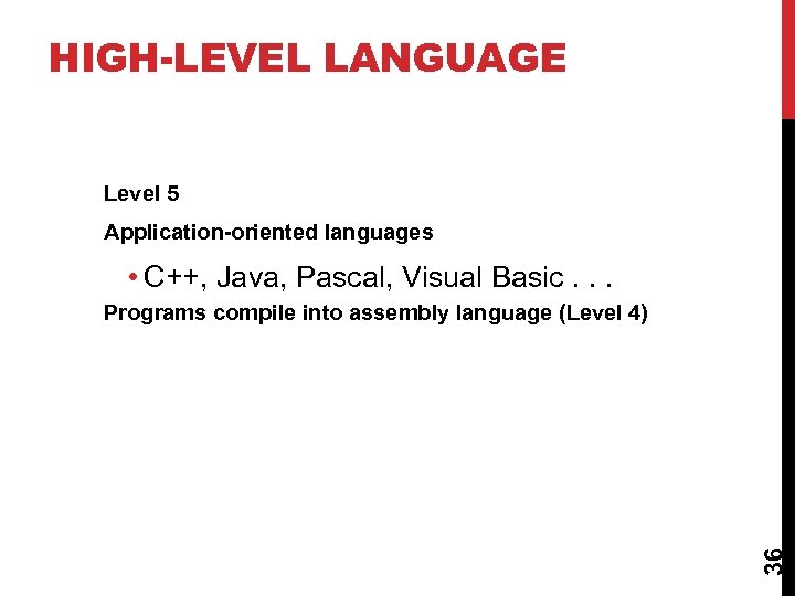 HIGH-LEVEL LANGUAGE Level 5 Application-oriented languages • C++, Java, Pascal, Visual Basic. . .