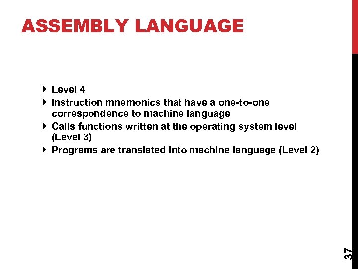 ASSEMBLY LANGUAGE 37 Level 4 Instruction mnemonics that have a one-to-one correspondence to machine