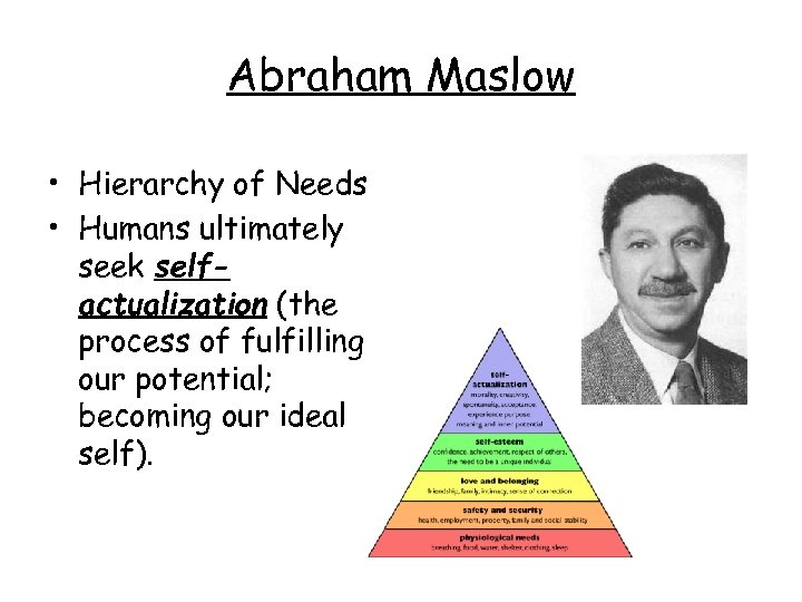 Abraham Maslow • Hierarchy of Needs • Humans ultimately seek selfactualization (the process of