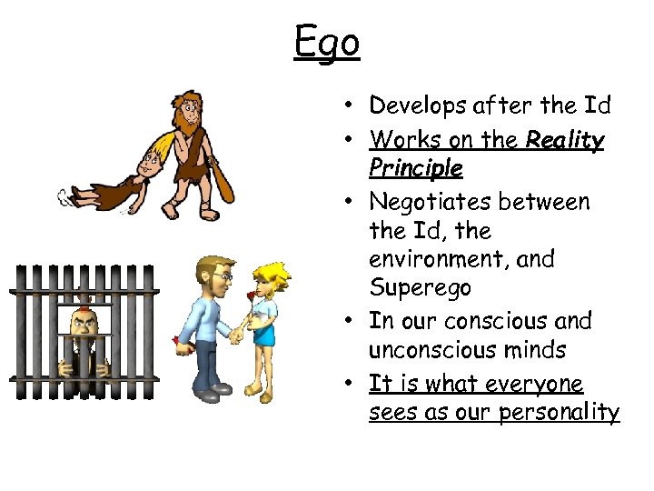 Ego • Develops after the Id • Works on the Reality Principle • Negotiates
