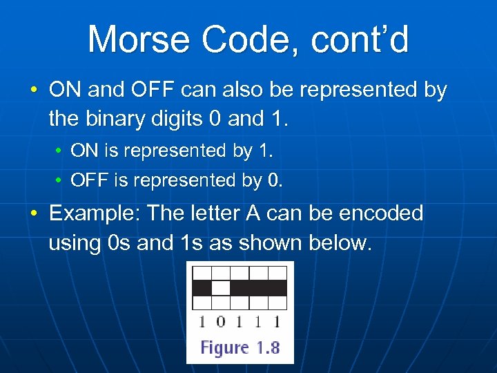 Morse Code, cont’d • ON and OFF can also be represented by the binary